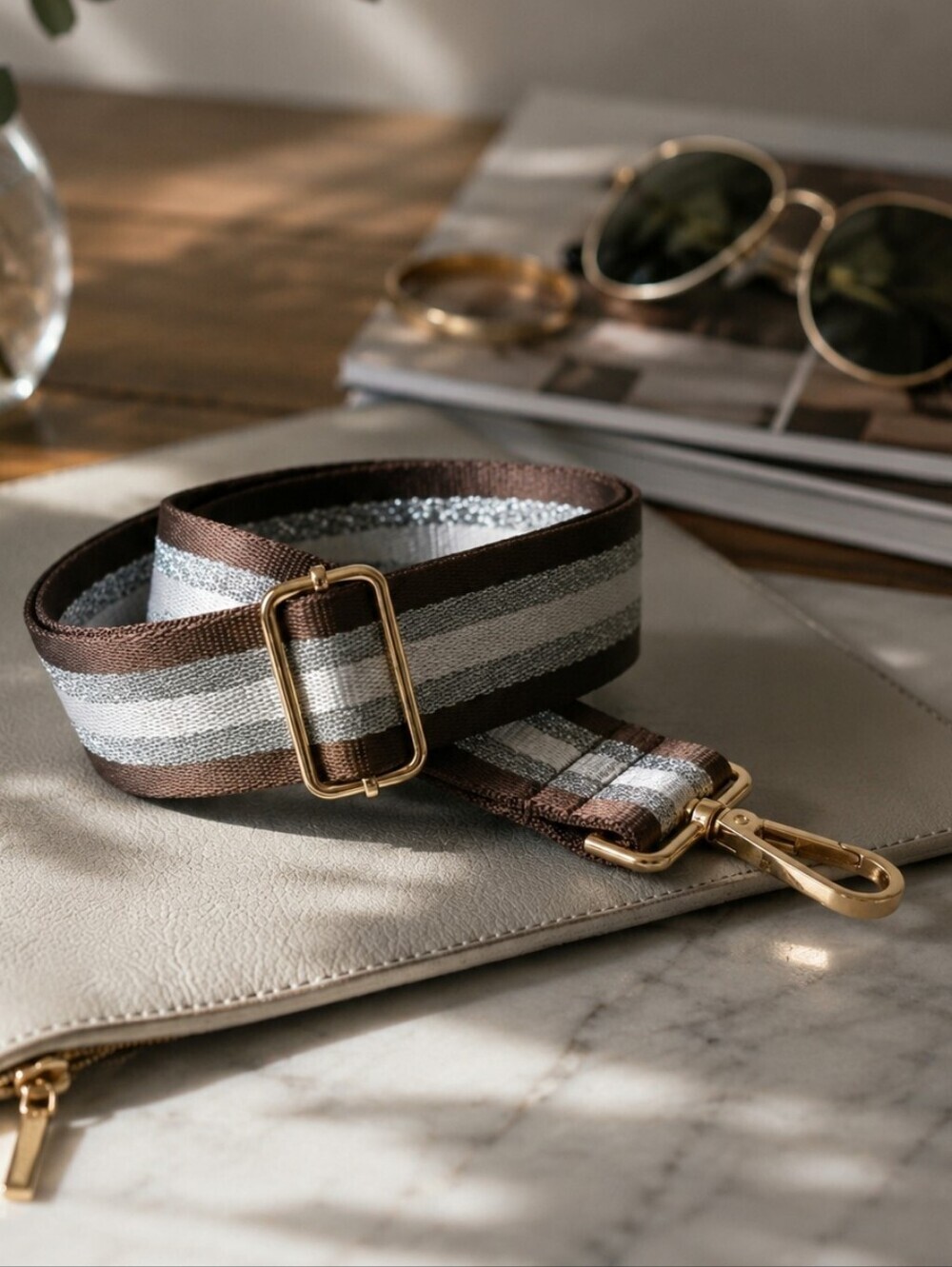 Brown Silver Stripe Bag Replacement Strap Goldenโ Hardware Adjustable Casual - Picture 8 of 10